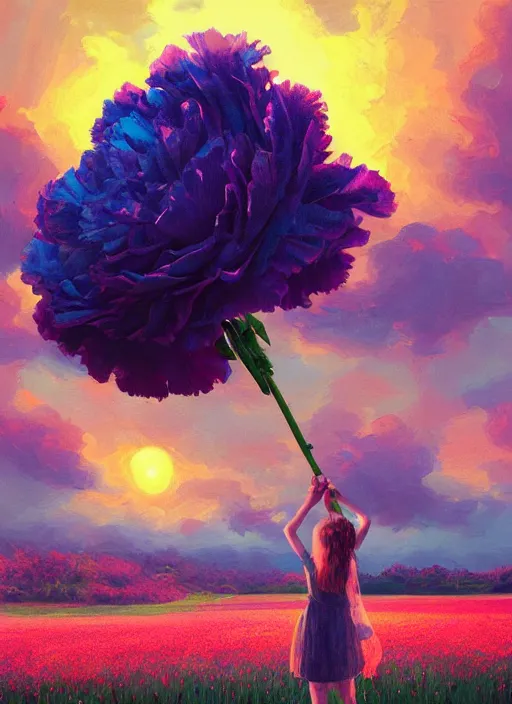 Image similar to woman with a giant carnation head, flower field, surreal photography, sunset dramatic light, impressionist painting, colorful clouds, blue sky, digital painting, artstation, simon stalenhag