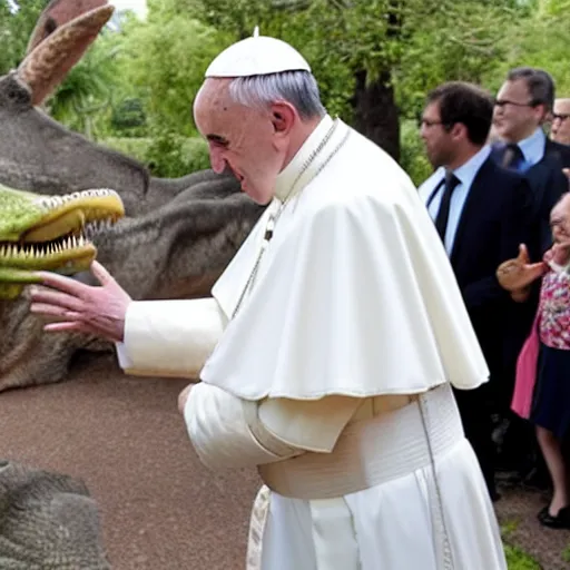 Image similar to pope Francis visits a dinosaur zoo and looks at a trex