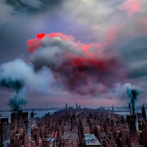 Image similar to dystopian, destroyed new york city, real, blue sky, smoke, red clouds, detailed, award winning, masterpiece, photograph, cinematic