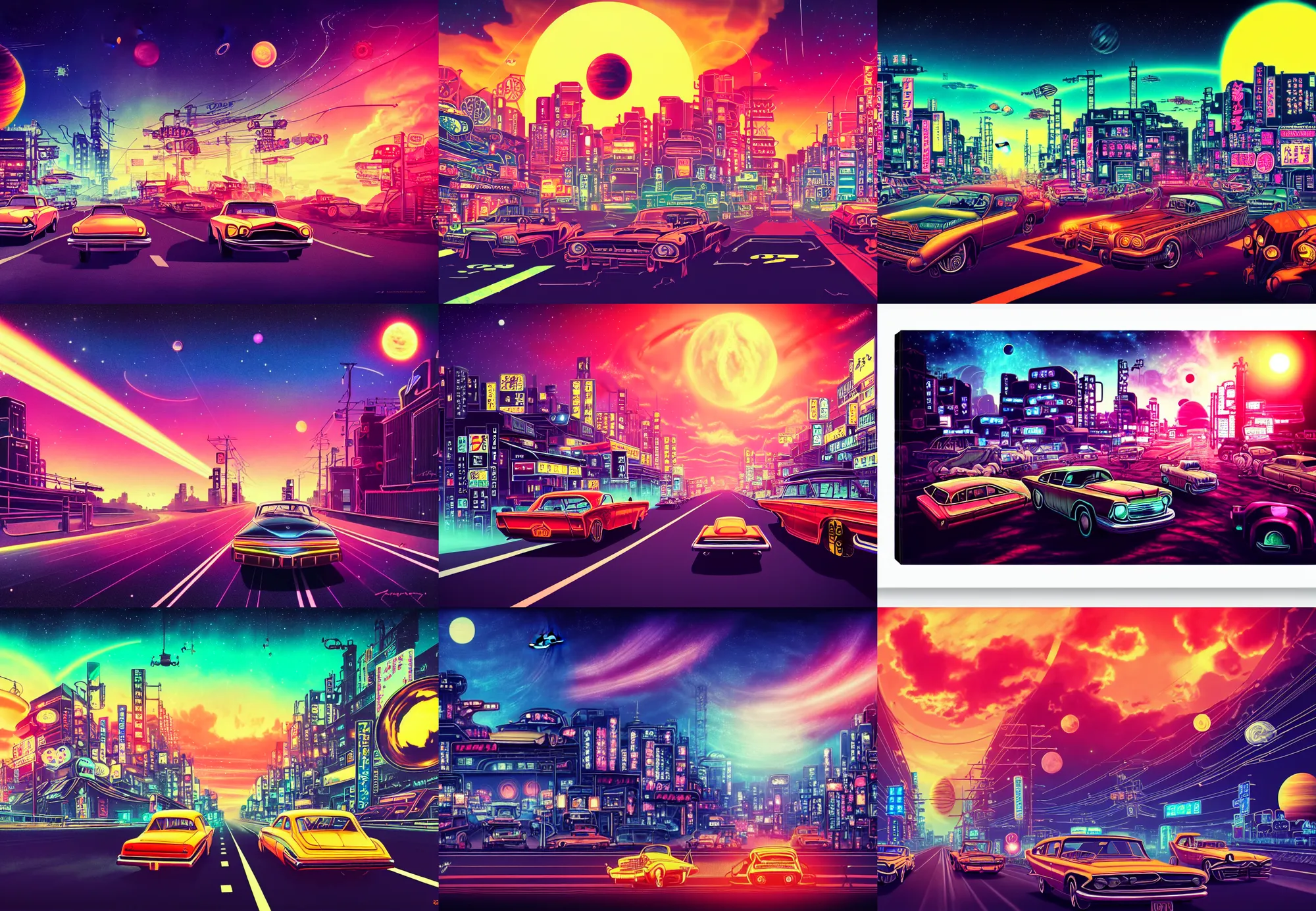 Prompt: old cars go along road away in neo - tokyo, sinthwave, steampunk, neon, magic colorful sky, magic lights, magic stars, magic sunset, big bright planet saturn in sky, realism, ultra detailed, 1 9 6 0 years, 8 k