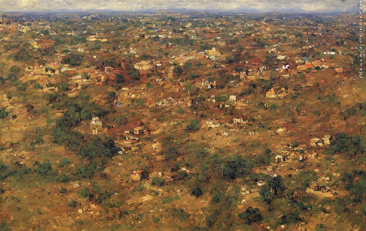Prompt: tall wall surrounding small town of abeokuta in nigeria from above, 1885, bright colors oil on canvas, by Ilya Repin