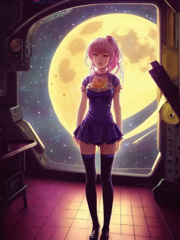 Image similar to full body picture of a space girl in the moon cafe, bored, coveted, beautiful and aesthetic, intricate, unreal engine, messy hair, highly detailed, detailed face, smooth, sharp focus, chiaroscuro, manga illustration, artgerm, greg rutkowski, ilya kuvshinov, rossdraws, alphonse mucha, young adult light novel cover art