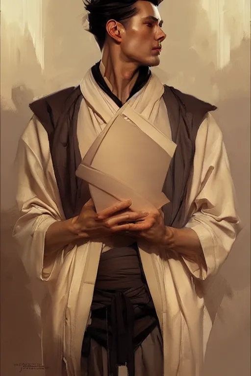 Image similar to attractive male, taoism, painting by greg rutkowski, j. c. leyendecker, artgerm