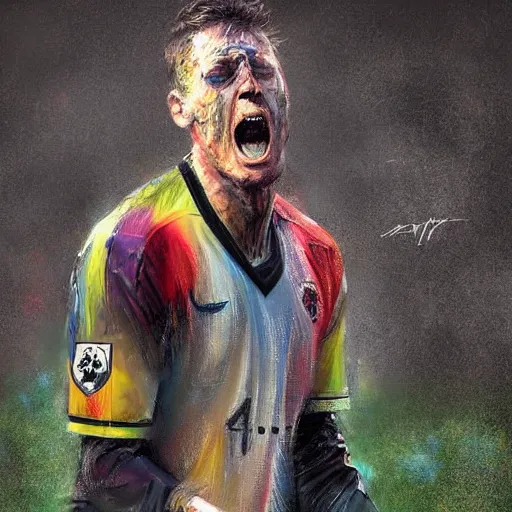 Image similar to A realistic hyperdetailed multi-colored digital oil full body portrait painting of a goal keeper crying on a soccer field in the style of Guy Denning, Ruan Jia, and Craig Mullins. Trending on ArtStation and DeviantArt. CGSociety Digital art.