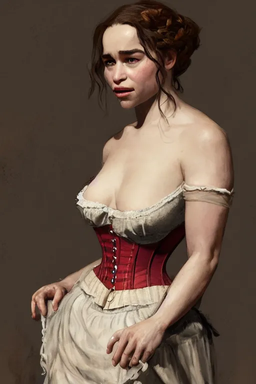 Image similar to Emilia Clarke in a 1800s American Corset in Red Dead Redemption anatomy, only two hands, highly detailed, digital painting, artstation, concept art, smooth, sharp focus, illustration, Unreal Engine 5, 8K, art by art by artgerm and greg rutkowski and edgar maxence