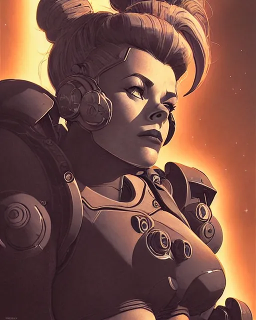 Image similar to brigitte from overwatch, character portrait, portrait, close up, concept art, intricate details, highly detailed, vintage sci - fi poster, retro future, in the style of chris foss, rodger dean, moebius, michael whelan, and gustave dore