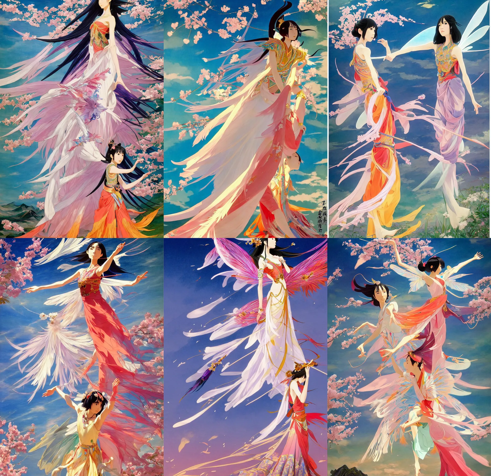 Prompt: deco art by makoto shinkai and john singer sargent, full body, chinese taoist fairy goddess played by aragaki yui, colorful clothes and feather clothes of the tang dynasty, hyper detailed, character concept, dynamic pose, intricate, lineart, cerpuscular rays, lily flowers. 8 k