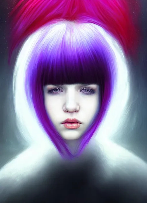 Image similar to hair whitebangs hair, black hair, whitebangs, portrait of teenage girl with white bangs, red irises, purple clothes, white bangs, bangs are different color from hair, intricate, elegant, glowing lights, highly detailed, digital painting, artstation, concept art, smooth, sharp focus, illustration, art by wlop, mars ravelo and greg rutkowski