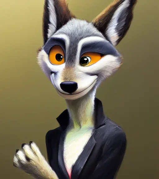 Prompt: full figure oil painting of anthromorphic furry female wolf, in style of zootopia, female fursona, furry, furaffinity, 4 k, deviantart, furry art, fursona art, wearing black business suit, business suit, wolf fursona, expressive feminine face, female,