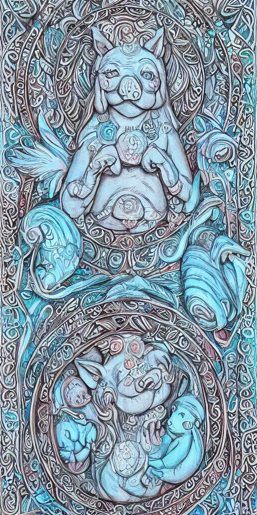 Image similar to intricate colourfully painted carved Soapstone relief paneling, white and pale blue , celestial, pig, piglet, piggy, pig goddess, mother earth, Earth Goddess mythology, Gaia, angels, divinity, Ghostly, crystaline celtic, insanly detailed , artstation, wallpaper, hyper realistic, realistic lighting