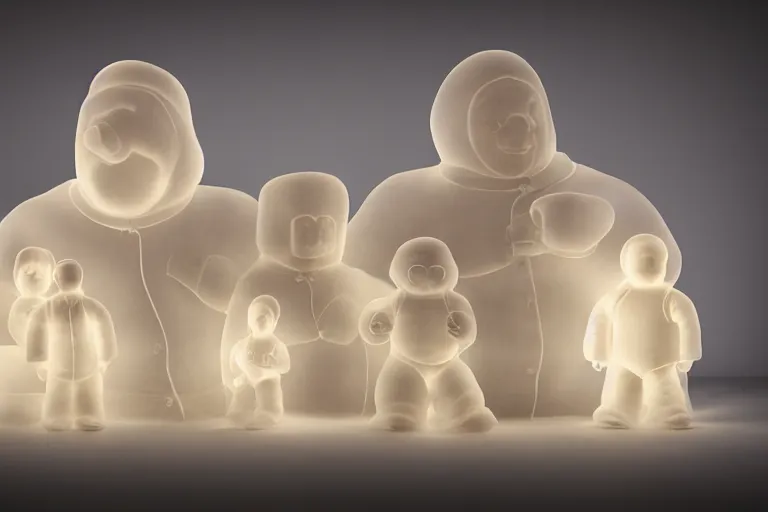 Image similar to alabaster light scatter translucent sculpture of the Bibendum family portrait, backlight, Michelin Man family portrait, luminescence, sculpture, photograph, studio lighting, product photography, while marble, figurine, unreal engine, cryengine,