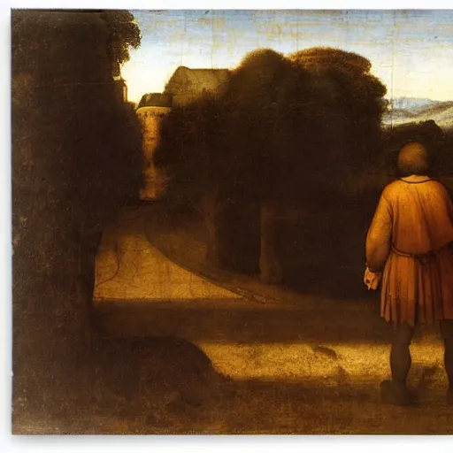 Image similar to a man missing the bus in the morning, by leonardo da vinci