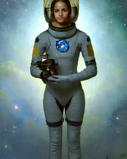 Prompt: a portrait painting of a shy, blushing 1 6 - year old astronaut resembling alicia vikander wearing a skintight spacesuit at night with a sky full of stars, intricate, elegant, highly detailed, artstation, concept art, by krenz cushart and artem demura and william adolph bouguereau and alphonse mucha