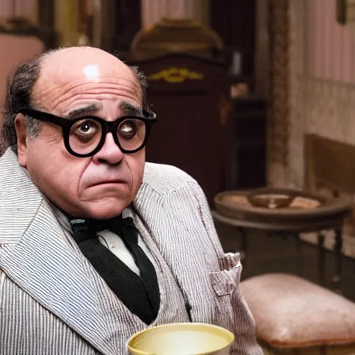 Image similar to A movie still of Danny Devito in The Grand Budapest Hotel