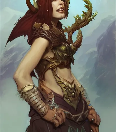 Prompt: Attractive Dragonborn Druid,full body,with horns,grinning, portrait, highly detailed, digital painting, artstation, concept art, sharp focus, illustration, art by artgerm and greg rutkowski and alphonse mucha