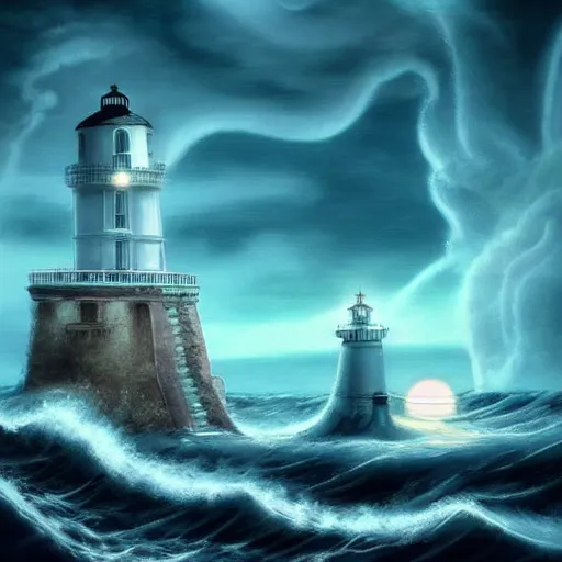 Prompt: beautiful digital art of the Kraken rising from the sea to attack a ship, while a lighthouse glows behind it.