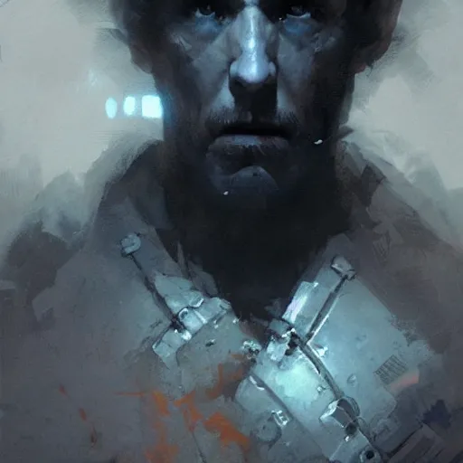 Image similar to Portrait painting of weary paladin by greg rutkowski and Craig Mullins, Dark atmospheric and cinematic lighting