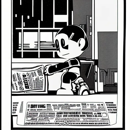 Image similar to mega - man alone at night in a shabby apartment in 1 9 5 0 s new york looking at a newspaper about a serial killer, black and white, intricate, foreboding real