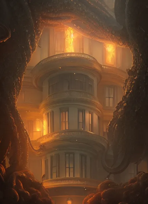 Prompt: giant tentacles destroying a glowing mansion in burning vapor dramatic lighting, faces floating, artstation, matte painting, aykut aydogdu, allen williams, artem chebokha