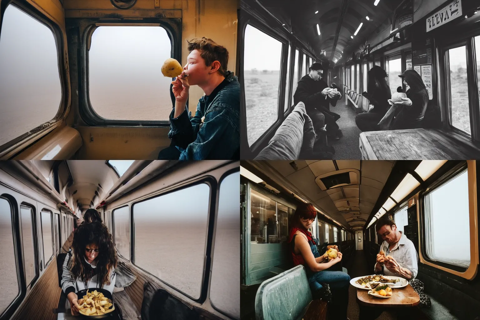 Prompt: a photo of a person eating a raw potato inside of a train carriage that is in the middle of a desert, the weather is foggy, award winning photo, 4k