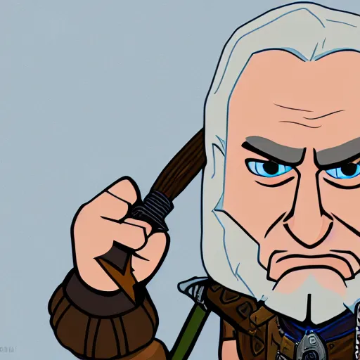 Prompt: silly cartoon caricature of grumpy herp derp wackadoo geralt of rivia, 4k resolution, highly detailed