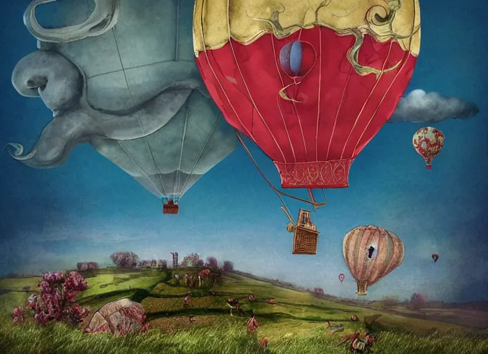 Prompt: single octopus shaped hot air balloon flying over english countryside, lowbrow, matte painting in the style of alexander jansson,
