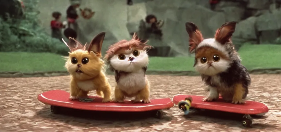 Image similar to mogwai gizmo and rufio skateboarding inside a cereal bowl, movie still, 8 k, hd, from the new honey i shrunk the kids movie