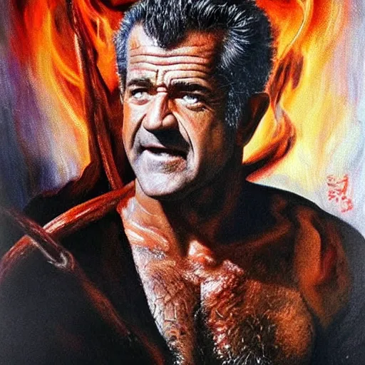 Image similar to Mel Gibson emerging from the depths of hell, dramatic painting, trending on arstation