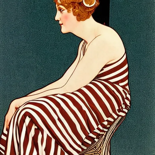 Image similar to a beautiful woman in striped nylons, art by coles phillips, mucha,