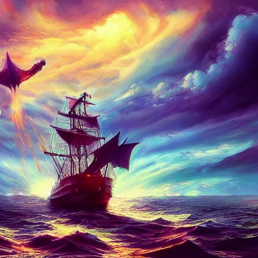 Image similar to majestical ship with a dragon flying above, beautiful composition, wide angle, colorful, cinematic, volumetric lighting, intricate details painting