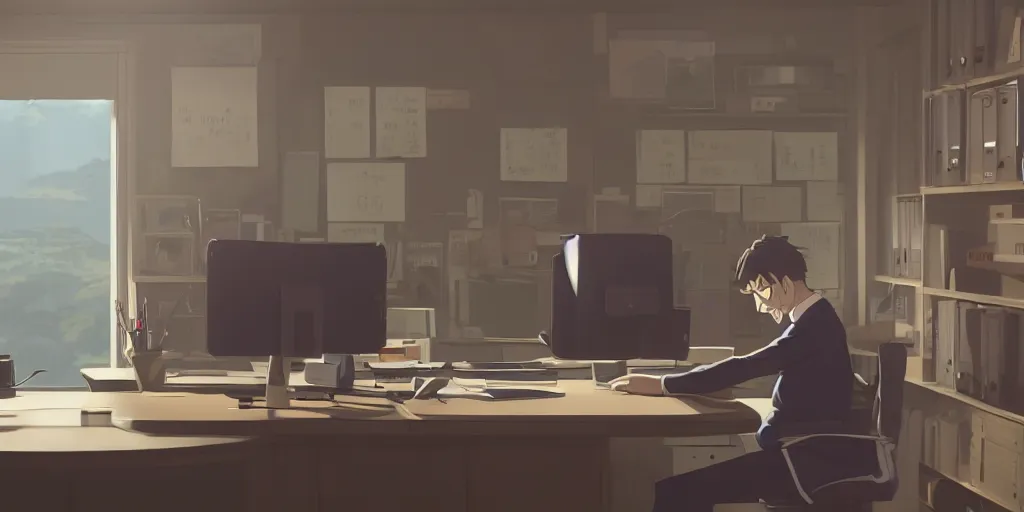 Image similar to a wholesome animation key shot of tired office worker looking at his computer in a 9 0's style of office, medium shot, waist up, studio ghibli, pixar and disney animation, sharp, rendered in unreal engine 5, anime key art by greg rutkowski, unreal engine 5, bloom, dramatic lighting