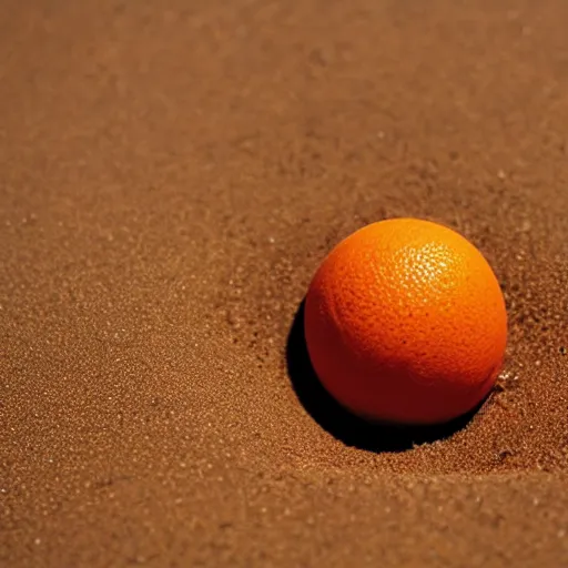 Prompt: a photorealistic orange in the sand, Movie Still projected to spherical space.