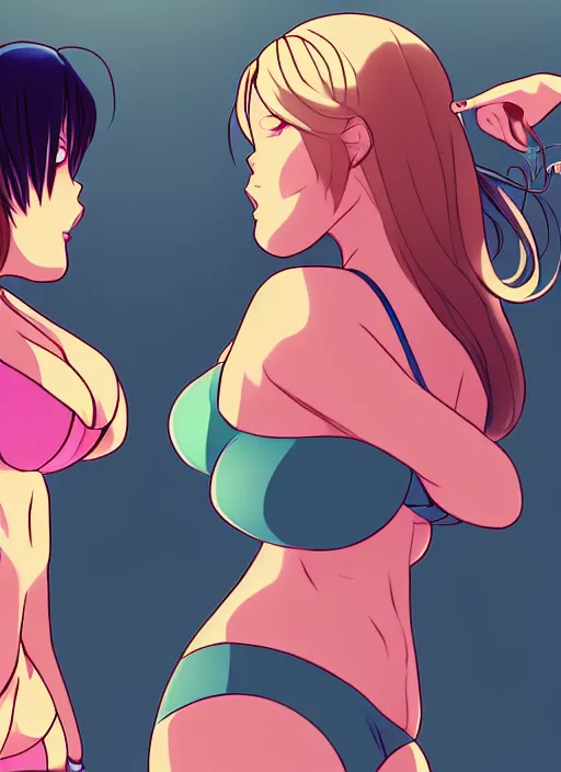 Image similar to two beautiful mothers taunting each other, summer clothes, gorgeous faces, smooth, thick lines, cinematic lighting, detailed anime art