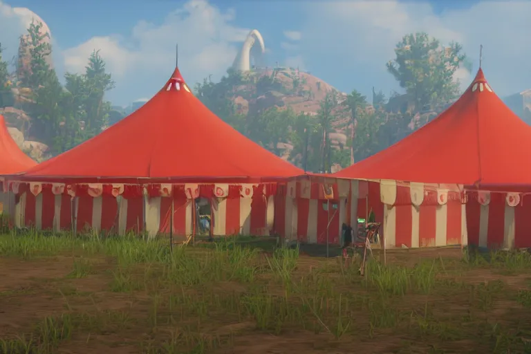 Prompt: 3d sculpt of a huge circus tent, artstaton, League of Legends, red dead redemption2, overwatch, digital illustration
