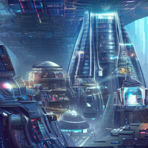 Image similar to a scene of the beautiful intricate epic futuristic city with a cyber sphinx, small hovering cyber pyramids, hyper detailed, cinematic lighting