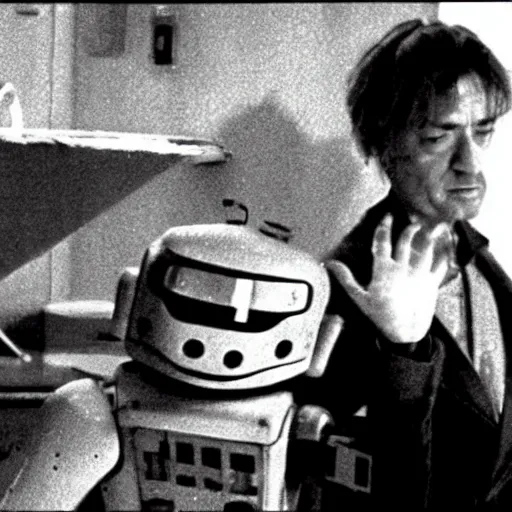 Image similar to a man and a robot in a moment of jealousy, movie still, Movie by Andrzej Zulawski and David Lynch