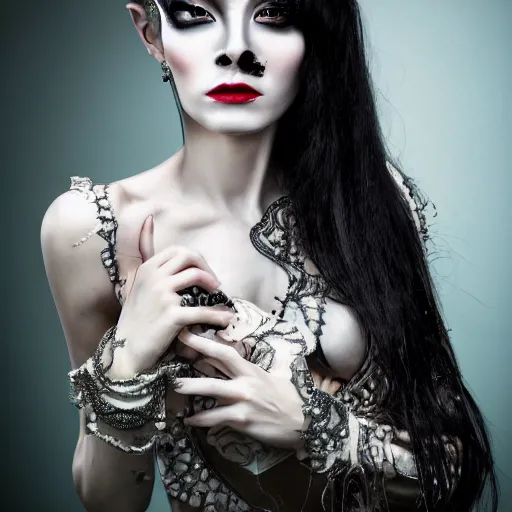 Image similar to gorgeous portrait of a woman as personification of envy (from 7 deadly sins), eyes on camera,intricate detail and composition, symmetric, eyes staring at camera, symmetric face paint, Leica Vario-Elmar-S 30-90mm f/3.5-5.6 ASPH