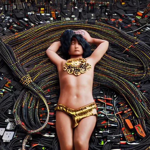 Prompt: tapping in to something greater, piles of modular synth cables, goddess laying down wearing a headpiece made of circuit boards in a photo shoot for balenziaga, wlop, stanley kubrick, masamune, hideki anno, unique perspective, eastman color, perfect details, trending on artstation, 3 d render, smooth render