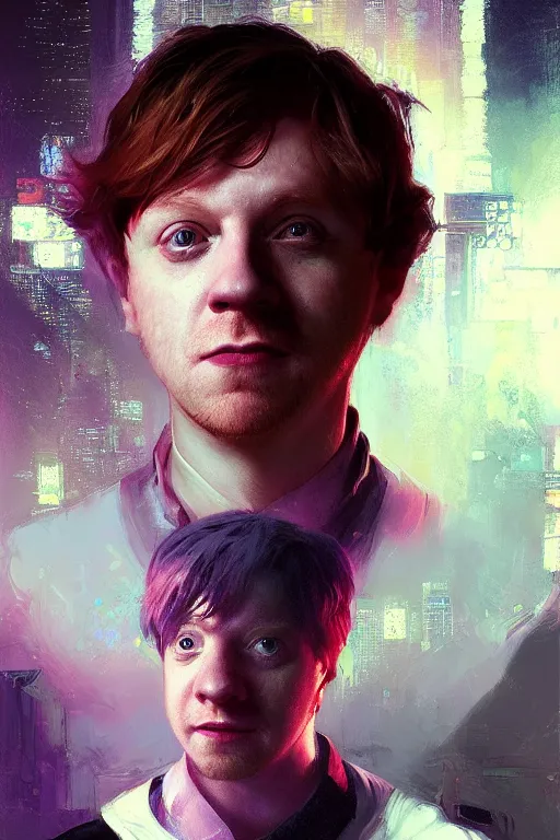 Prompt: portrait of Rupert Grint as Ron Wisly in cyberpunk, neon lighting, night city, digital art from artstation by Ruan Jia and Mandy Jurgens and Artgerm and william-adolphe bouguereau and Greg Rutkowski and Wayne Barlowe