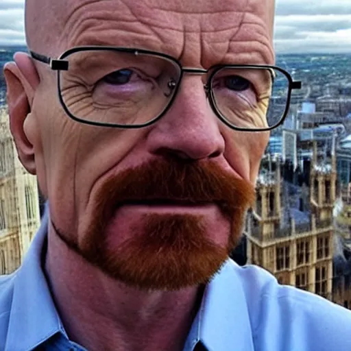 Prompt: walter white doing a selfie from the top of the big ben in london, realistic, cool, nice, beautiful