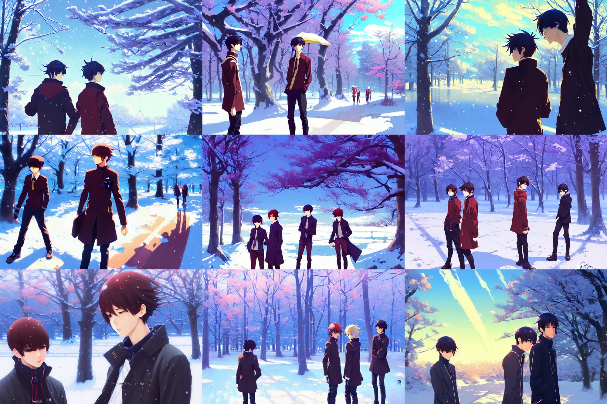 Prompt: boy's love anime high school winter noon setting, high detail concept art, perfect proportions fine face, tall handsome guys, avant uniform, vivid colors, romantic undertones, realistic shaded lighting poster fantasy art ilya kuvshinov, katsuhiro, jeremy lipking and michael germash, makoto shinkai, loish and clamp style, best selling artist