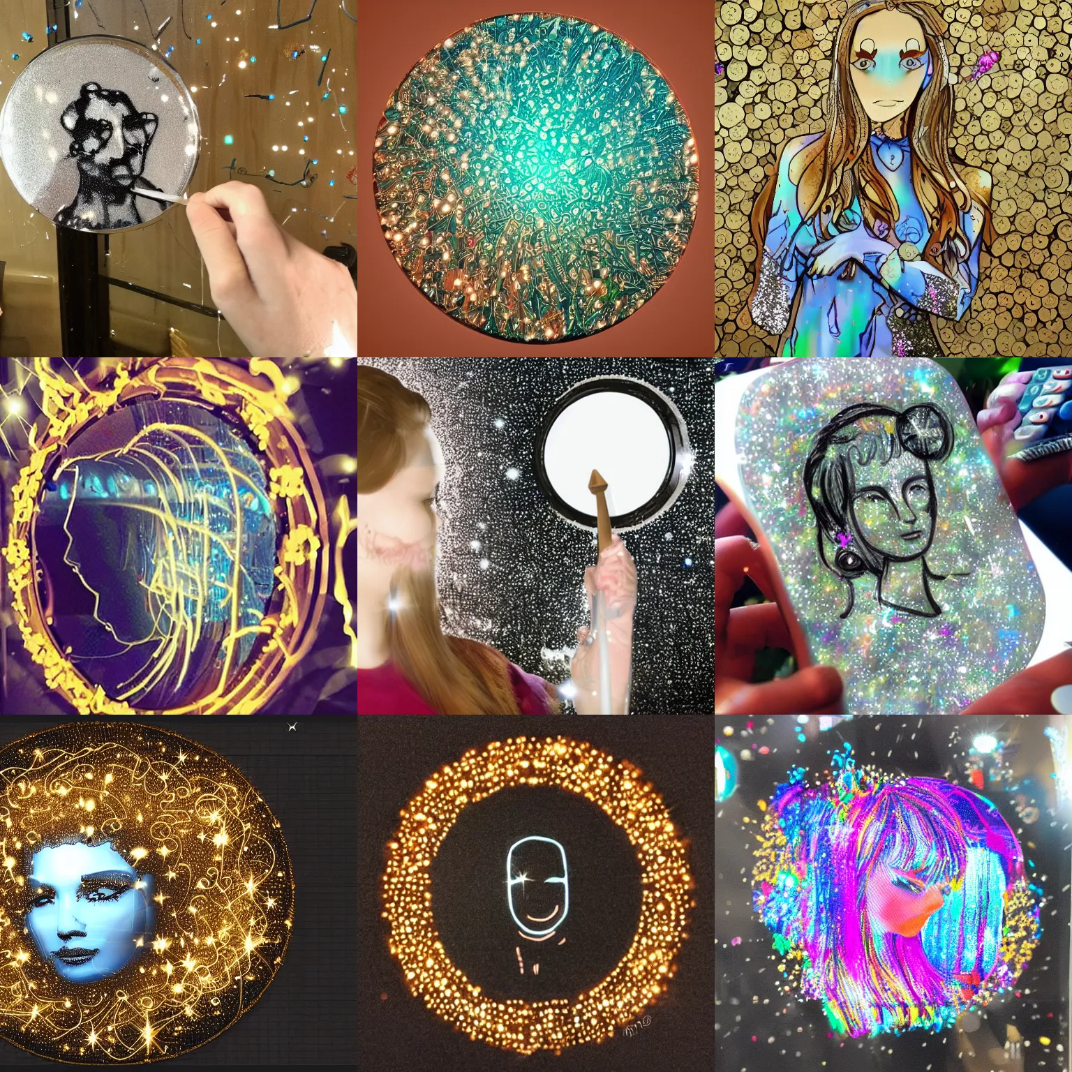 Prompt: advanced image generator ai doodling on a mirror while waiting for the singularity to make me into my avatar and remember all these ideas i have. pretty sparkles