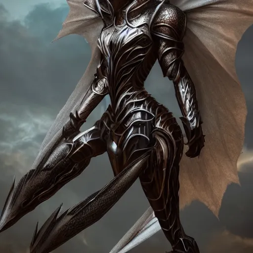 Image similar to highly detailed realistic stunning shot of a beautiful elegant anthropomorphic female dragon knightess doing a majestic pose, armor made of steel, sharp claws and tail, cloak flittering in the wind, high quality, HD octane render, epic cinematography, Artstation, Deviantart, Furaffinity