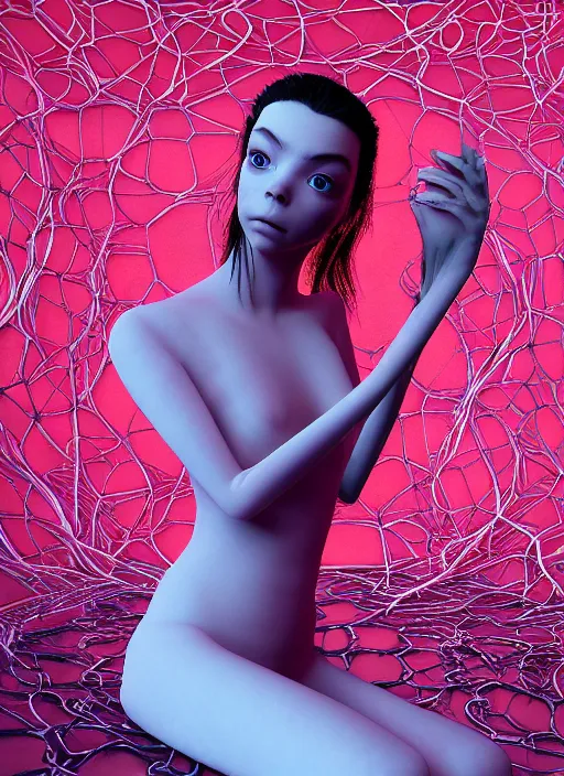 Prompt: hyper detailed 3d render like a Oil painting - very coherent Concrete displacement mapped profile subsurface scattering (a beautiful fae princess protective playful expressive from dark crystal that looks like Anya Taylor-Joy) seen red carpet photoshoot in UVIVF posing in caustic light pattern pool to Eat of the Strangling network of yellowcake aerochrome and milky Fruit and His delicate Hands hold of gossamer polyp blossoms bring iridescent fungal flowers whose spores black the foolish stars by Jacek Yerka, Ilya Kuvshinov, Mariusz Lewandowski, Houdini algorithmic generative render, golen ratio, Abstract brush strokes, Masterpiece, Victor Nizovtsev and James Gilleard, Zdzislaw Beksinski, Tom Whalen, Mark Ryden, Wolfgang Lettl, hints of Yayoi Kasuma and Dr. Seuss, Grant Wood, octane render, 8k