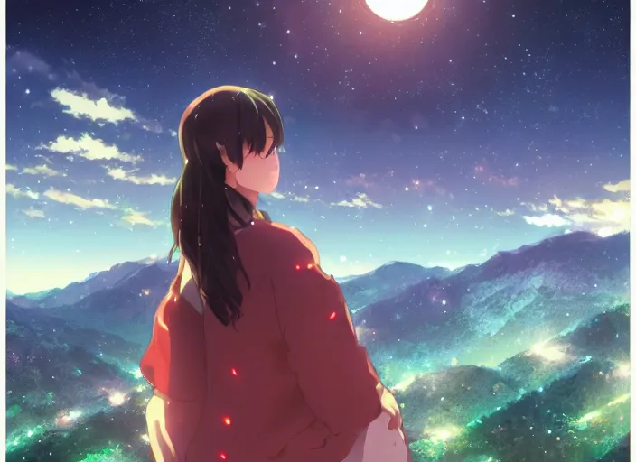 Image similar to watching the stars at night, on a mountain, by wlop, anime key visual, poster
