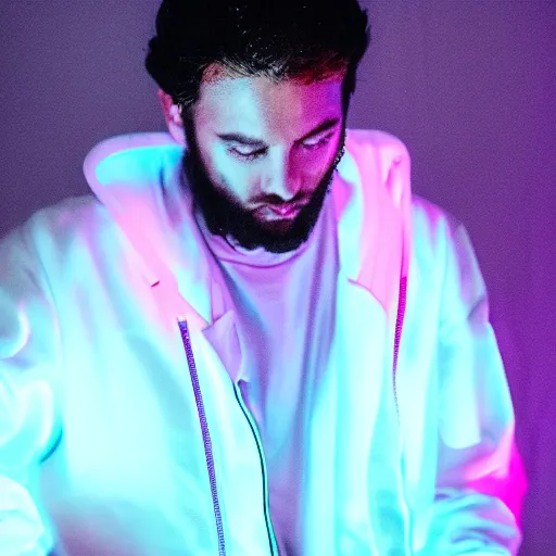 Image similar to the goat dj in a white jacket, retrowave, neon light,