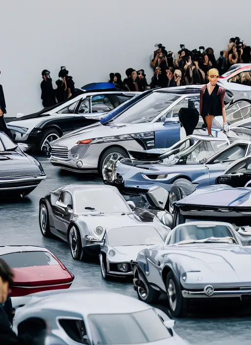 Image similar to hyperrealistic and heavy detailed balenciaga runway show of cars, leica sl 2 5 0 mm, vivid color, high quality, high textured, real life