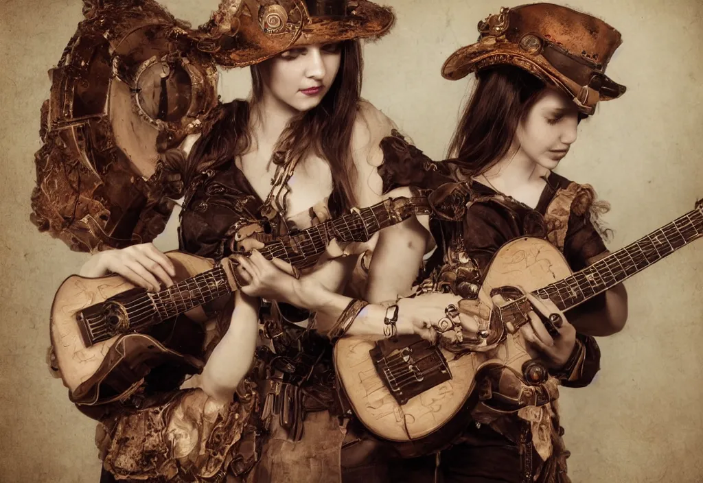 Image similar to girl playing guitar, steampunk, still, photoreal, gallery