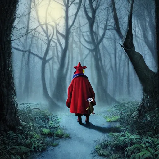 Prompt: portrait of the terrified Rincewind in the Forbidden Forrest, at night, full moon, blue tones, detailed, hyperrealistic, colorful, cinematic lighting, digital art by Paul Kidby