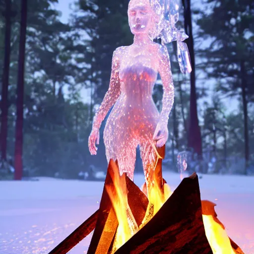 Image similar to a beautiful woman made out of crystal ice sitting by a campfire and slowly melting, by iris van herpen, unreal engine 5, outdoor campfire pit